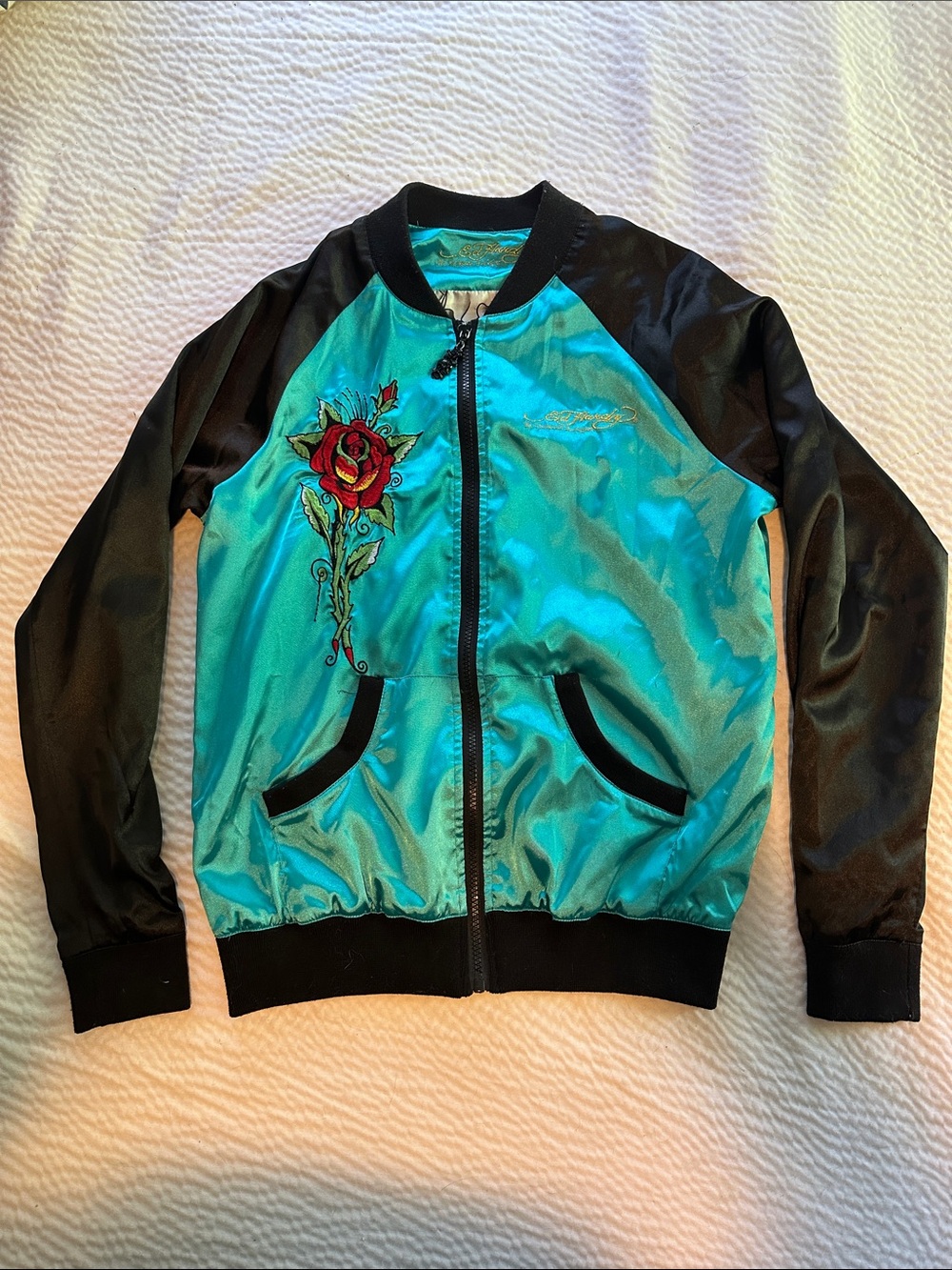 Ed Hardy Teal and Black Satin Bomber Jacket with Gold Embroidery